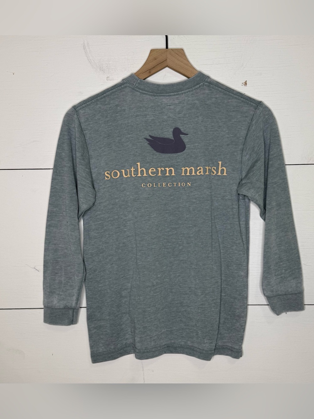 Southern Marsh • Kids Long Sleeve Tee in Slate Blue with Gold Logo Size Medium